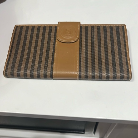 Vintage Fendi Regimental Stripe Leather Trim Continental Clutch Wallet Tan Black - Picture 2 of 12